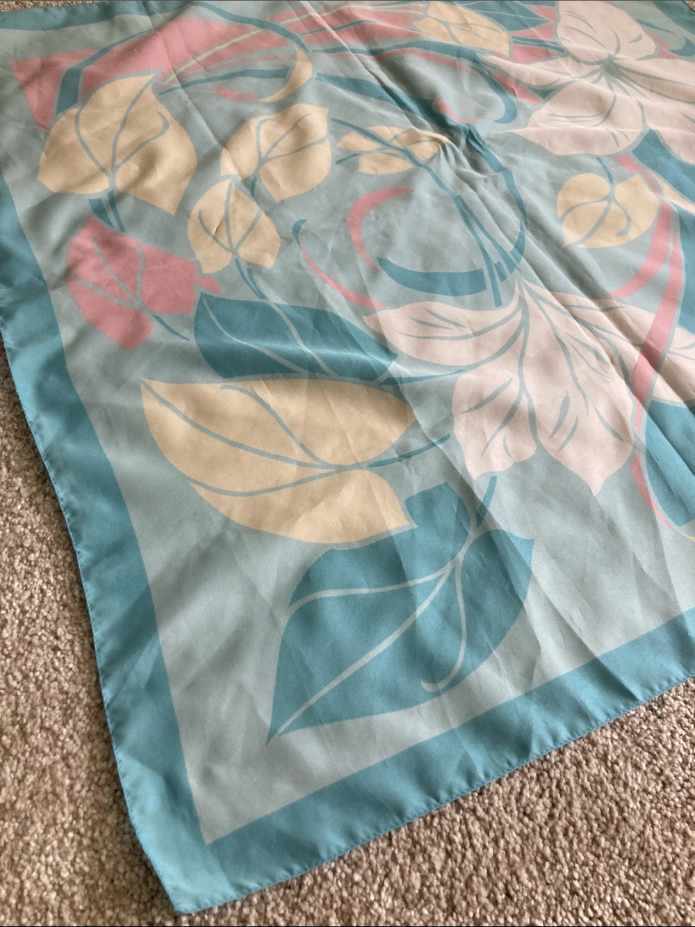 Pastel Blue and Pink Floral Silk Scarf, 30”x 30” square, triangular top - Picture 4 of 5